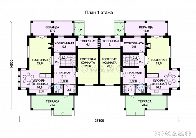 Проект двухэтажного дома на два хозяина с верандой и отдельным входом для каждой семьи / План 1 этажа