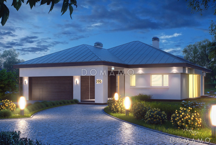 Проект дома с гаражом на 2 машины, кухней с кладовой, мастер-спальней, террасой