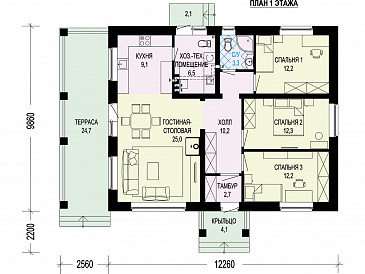 Проект одноэтажного дома с тремя спальнями, отдельным входом в техническое помещение, санузлом с окном. террасой / План 1 этажа
