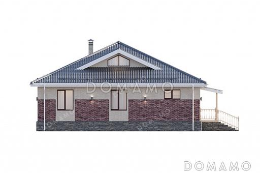 Проект одноэтажного дома с комбинированной отделкой фасадов кирпичом разных тонов, большой террасой под одной кровлей с домом и удобной планировкой для семьи с детьми / Фасад 2