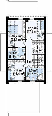 Проект удобного современного одноэтажного мансардного дома из кирпича с гаражом и тремя спальнями на мансарде / План мансардного этажа