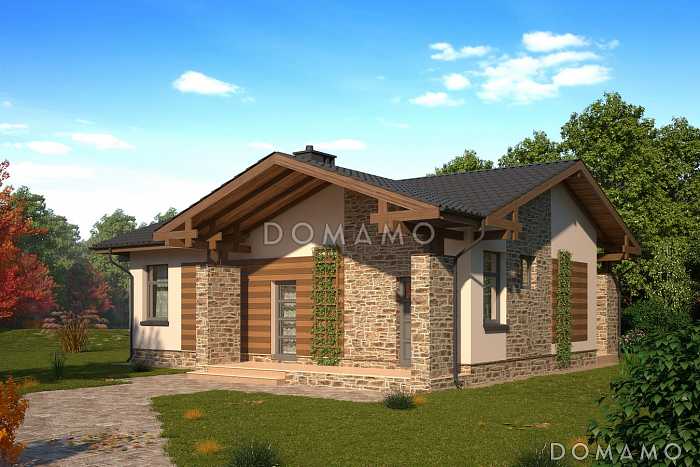 Проект небольшого одноэтажного дома из СИП панелей с гардеробной и приватной террасой