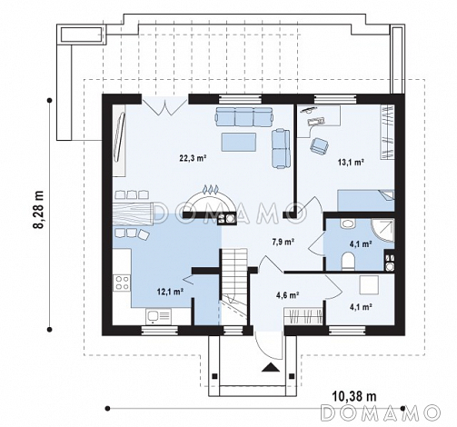 Проект одноэтажного мансардного дома из газобетона с камином в центральной части дома / План 1 этажа