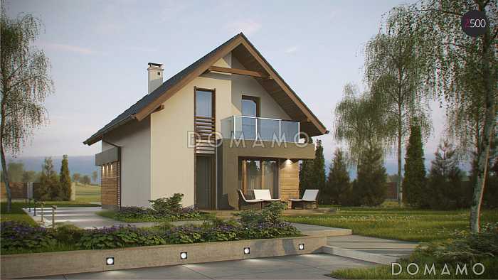 Проект компактного одноэтажного мансардного дома из кирпича с двумя балконами и тремя спальнями