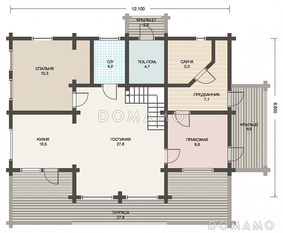 Проект деревянного дома из клееного бруса с просторной, светлой гостиной и техническим помещением с отдельным входом / План 1 этажа