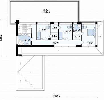 Проект просторного современного двухэтажного дома из газобетона с плоской крышей,  с верандой, гаражом и террасами на обоих этажах / План 2 этажа