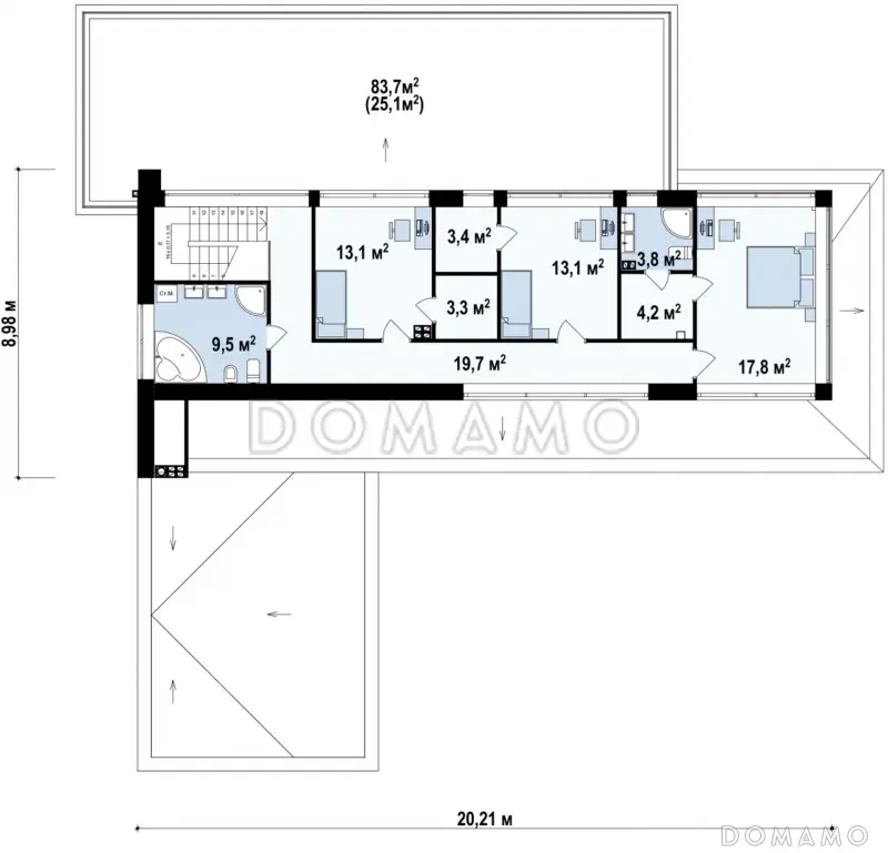 Проект просторного современного двухэтажного дома из газобетона с плоской крышей,  с верандой, гаражом и террасами на обоих этажах / План 2 этажа