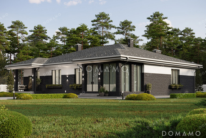 Проект большого одноэтажного дома с пристроенным гаражом, просторной кухней-гостиной, крытой застекленной верандой и навесом перед гаражом