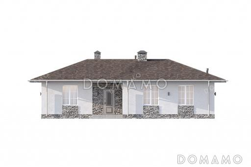 Проект Г-образного одноэтажного дома с крытой входной группой, простой вальмовой кровлей и просторной кухней-гостиной / Фасад 4