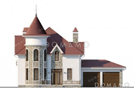 Проект дома-замка с гаражом на два автомобиля, башенкой и полукруглой террасой / Фасад 1