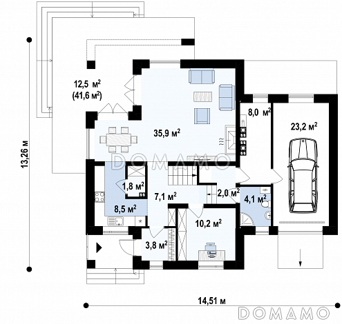 Проект дома с гаражом, просторной гостиной, французскими балконами, чердаком / План 1 этажа