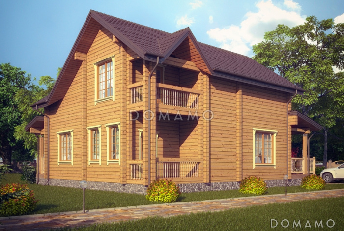 Проект деревянного дома с тремя спальнями на втором этаже и кабинетом с выходом на балкон