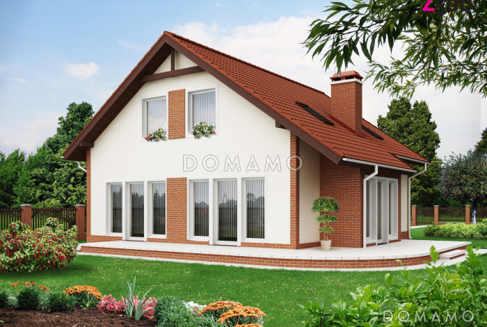 Проект одноэтажного мансардного дома из газобетона с эркером и большой площадью остекления в гостиной