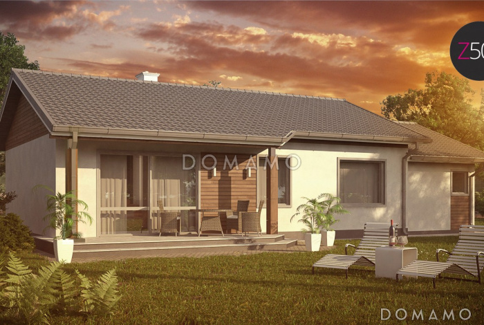 Проект компактного одноэтажного дома из кирпича с тремя спальнями, небольшой крытой террасой и гаражом