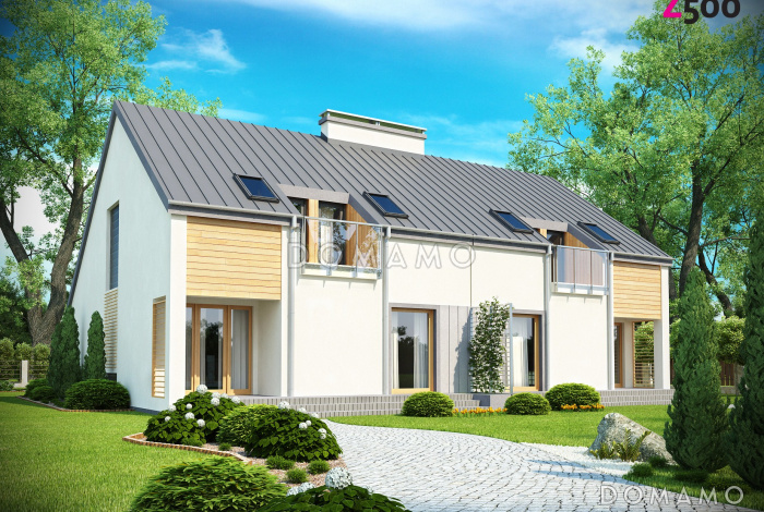 Проект мансардных домов-близнецов из газобетона с гаражом, тремя спальнями и красивым слуховым окном и балконом