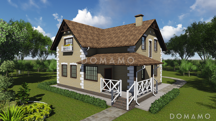 Проект двухэтажного кирпичного дома с французским балконом