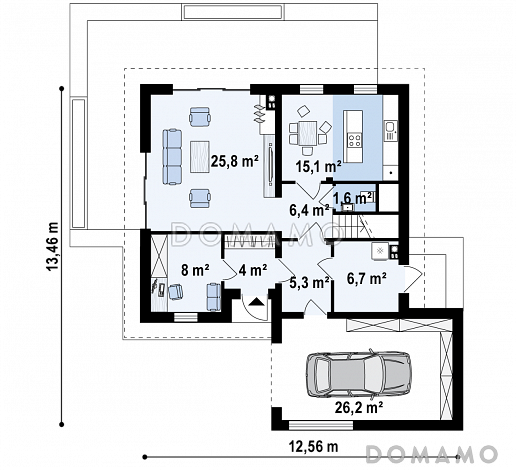Проект одноэтажного мансардного дома из газобетона с кабинетом, изолированной кухней и гаражом / План 1 этажа