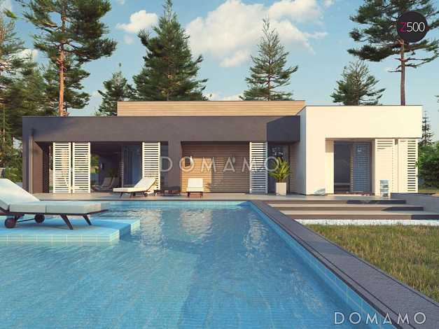 Проект одноэтажного дома из кирпича с плоской крышей, большой площадью остекления и крытой террасой