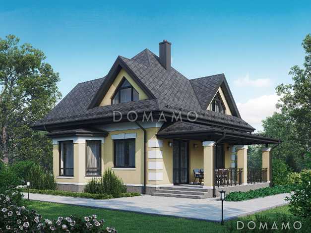 Проект одноэтажного мансардного дома из СИП панелей с тремя спальнями, кабинетом, эркером и крытой террасой