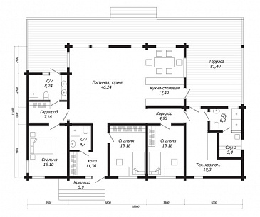 Проект дома из клееного бруса с сауной, хозяйской спальней, с отдельным гардеробом и санузлом / План 1 этажа