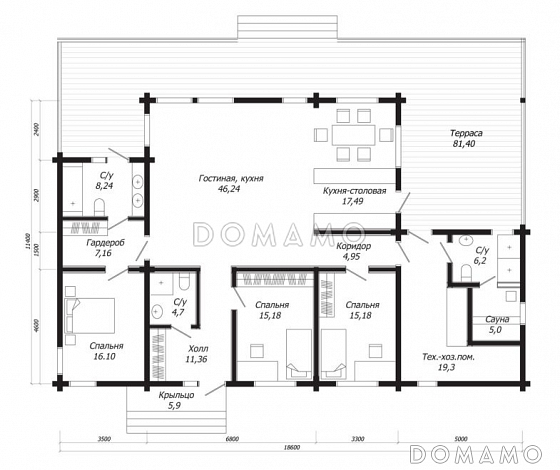 Проект дома из клееного бруса с сауной, хозяйской спальней, с отдельным гардеробом и санузлом / План 1 этажа