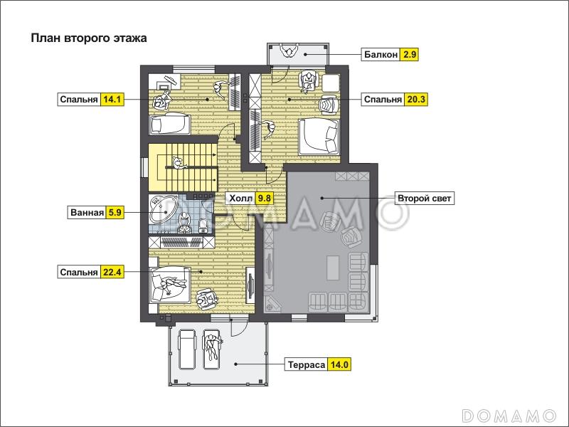 Проект дома с большой террасой, кухней с эркером, сауной, кладовой у лестницы / План мансардного этажа
