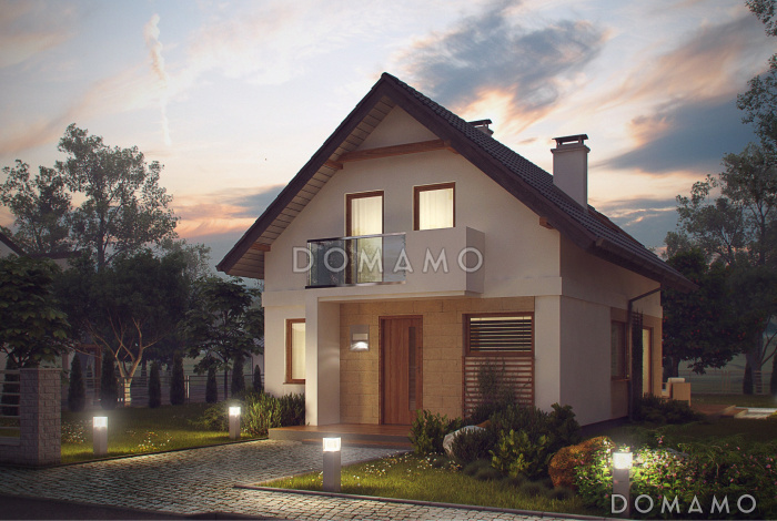 Проект компактного одноэтажного мансардного дома из кирпича с кабинетом и балконом