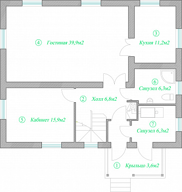 Проект увеличенного коттеджа в европейском стиле. / План 1 этажа