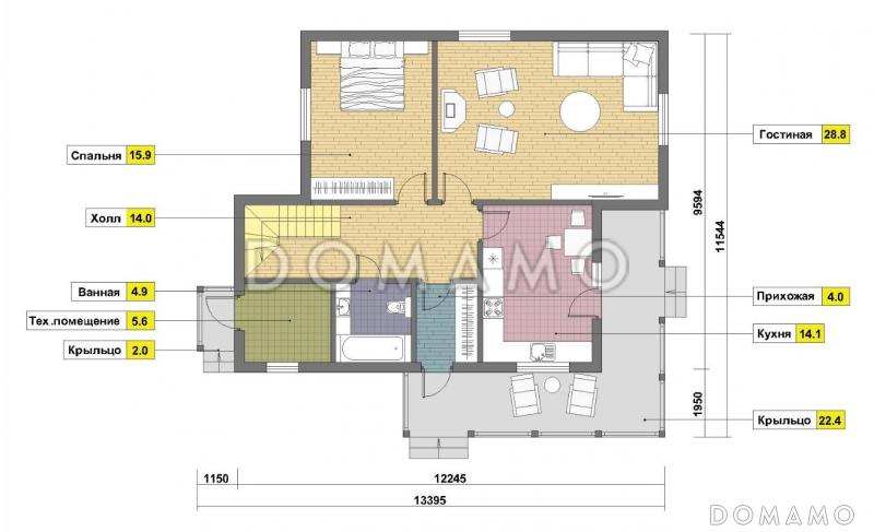 Проект двухэтажного дома из пеноблоков в стиле фахверк / План 1 этажа