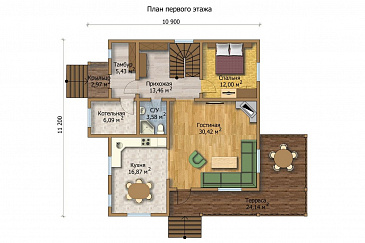 Проект большого деревянного дома, со всеми необходимыми комнатами / План 1 этажа