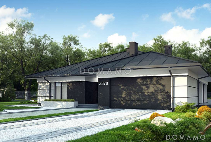 Проект комфортного одноэтажного дома из газобетона с четырьмя спальнями, просторной гостиной и гаражом