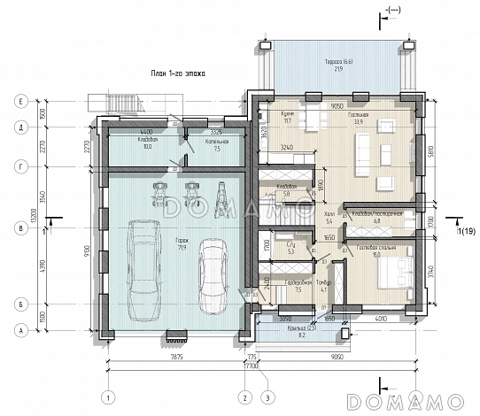 Проект дома с эксплуатируемой кровлей гаража, мастер-спальней, тремя детскими и гостевой / План 1 этажа