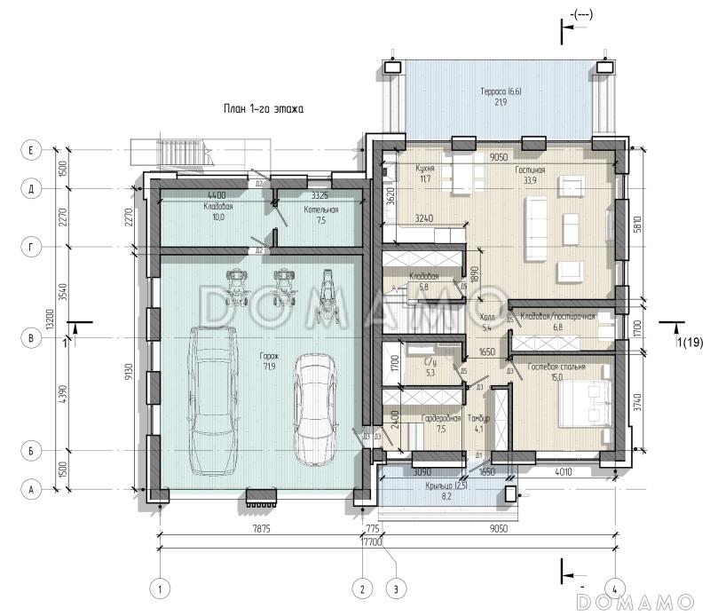 Проект дома с эксплуатируемой кровлей гаража, мастер-спальней, тремя детскими и гостевой / План 1 этажа
