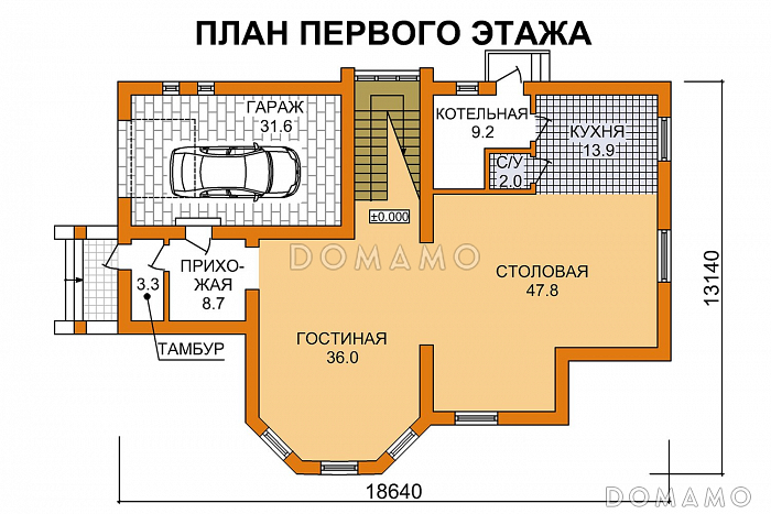 Проект двухэтажного дома с гаражом, просторным балконом и большой столовой / План 1 этажа