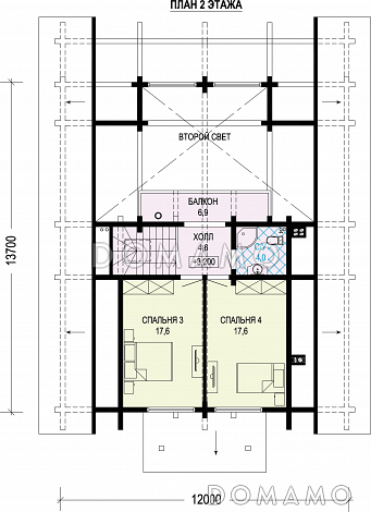 Проект дома-шале со вторым светом в гостиной и балконом на мансарде / План мансардного этажа