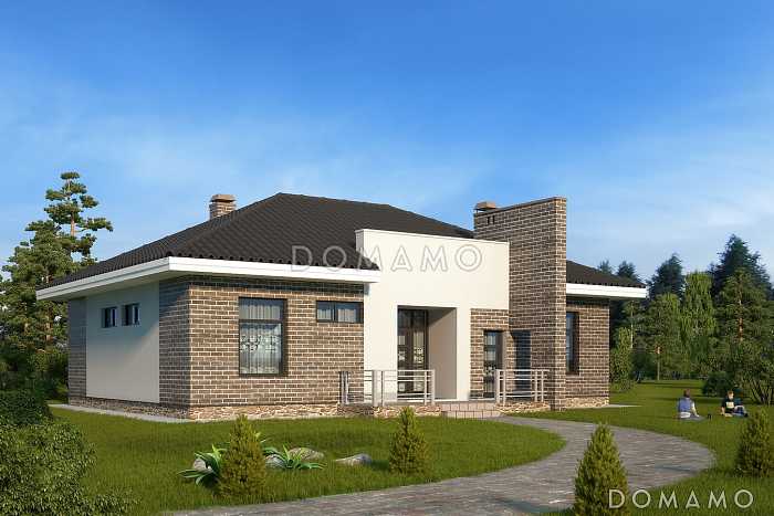 Проект одноэтажного дома с облицовкой кирпичом, двумя спальнями и кладовой