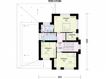 Проект двухэтажного дома с гаражом, котельной-хозкомнатой, террасой / План 2 этажа