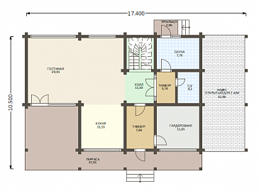 Проект деревянного дома из клееного бруса с многоуровневой крышей и навесом для авто / План 1 этажа