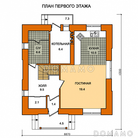 Проект компактного дома из пеноблоков с мансардой / План 1 этажа