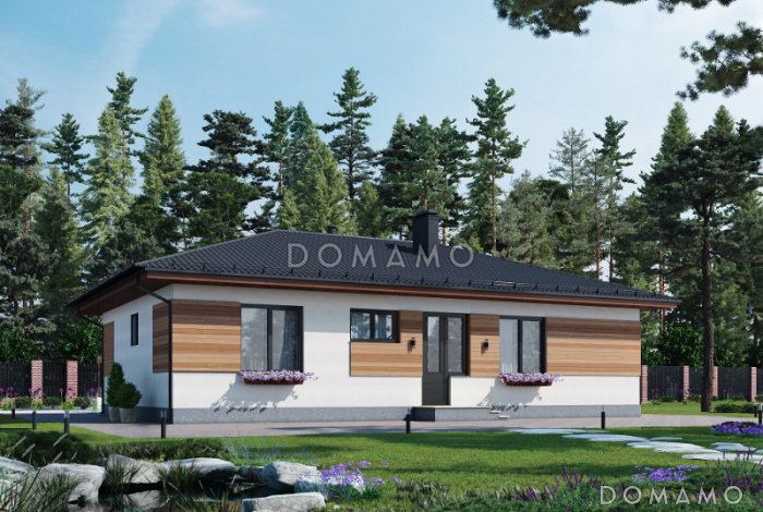 Проект одноэтажного компактного дома из газобетона с двумя спальнями, просторной дневной зоной и крытой террасой