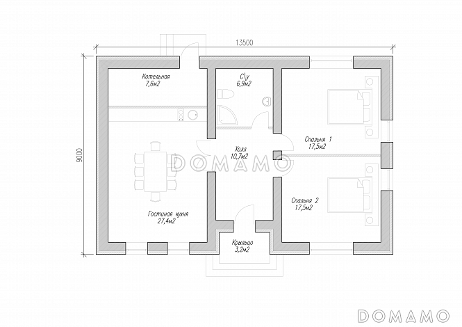 Одноэтажный дом из пенобетона с двумя просторными спальнями под черепичной кровлей / План 1 этажа