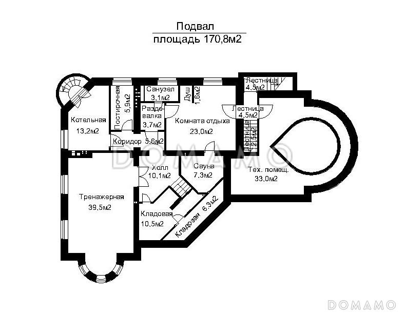 Проект дома с открытой террасой главного входа и пристроенным бассейном   / План цокольного этажа