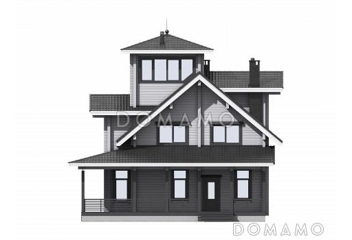 Проект двухэтажного дома из бруса с масштабной крытой террасой и бельведером / Фасад 2