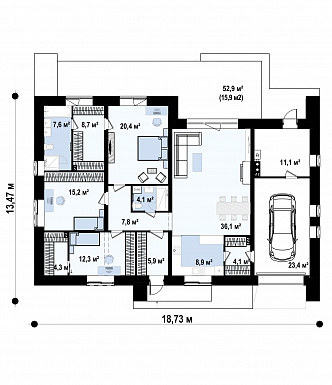 Проект одноэтажного дома с террасой, гаражом, кладовой, тремя спальнями / План 1 этажа