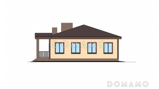 Проект дома с выходом на террасу из спальни и кухни, кладовой, двумя санузлами  / Фасад 1
