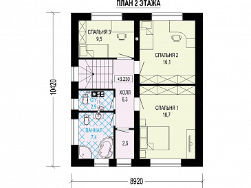 Проект загородного дома в стиле Барнхаус с тремя санузлами, гостиной с камином, кладовой у крыльца / План 2 этажа