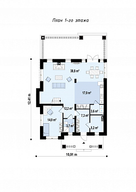 Проект современного двухэтажного дома из кирпича с пятью комнатами и крытой террасой, без гаража / План 1 этажа