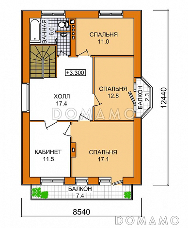 Проект двухэтажного дома с тремя спальными комнатами, кабинетом и небольшим балконом / План мансардного этажа