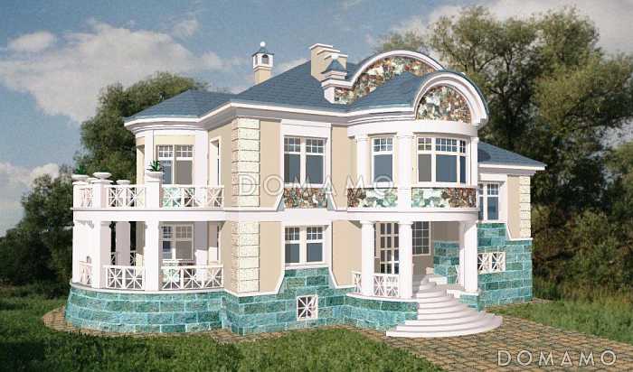 Проект коттеджа с двусветной гостиной, сауной и балконом