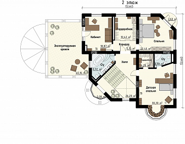 Проект загородного дома с цокольным этажом, бассейном, кабинетом, эксплуатируемой кровлей / План 2 этажа
